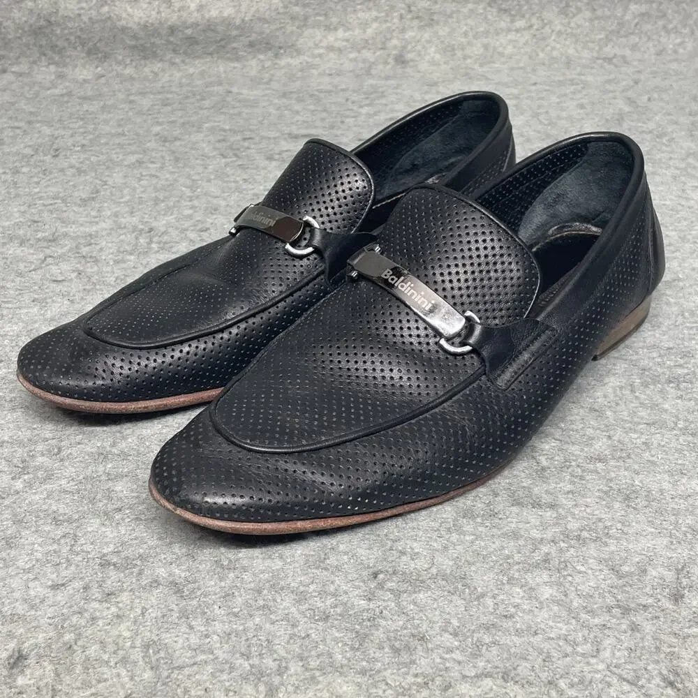 Baldinini Men 10 Loafers Black Perforated Leather Laser Cut Italy Luxury Slip-on